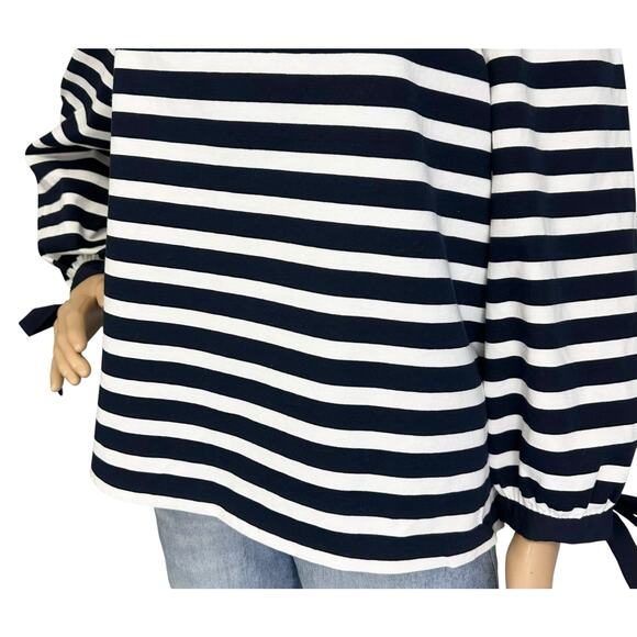 J. Crew Striped Off The Shoulder Top Navy Blue White Bow Sleeve G2549 Size L - Picture 9 of 13